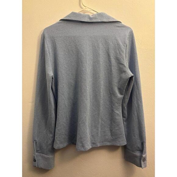 Zara Icy Blue Metallic Collared Keyhole Cutout Long Sleeve Top Size XL - Picture 4 of 8